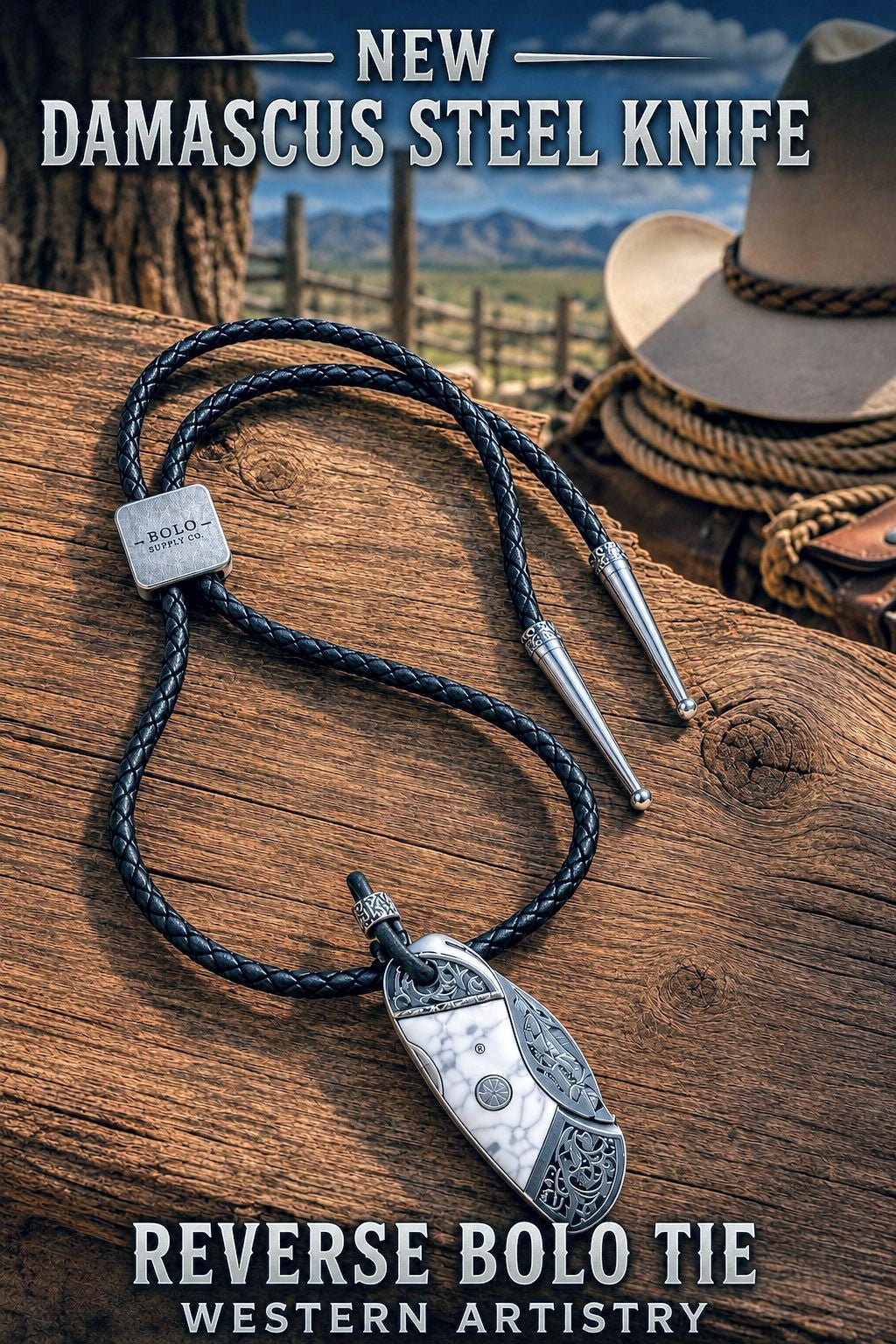 Reverse White Damascus Knife Bolo Tie | Handcrafted Western Knife Bolo - MIKE'S CUSTOM BOLOS