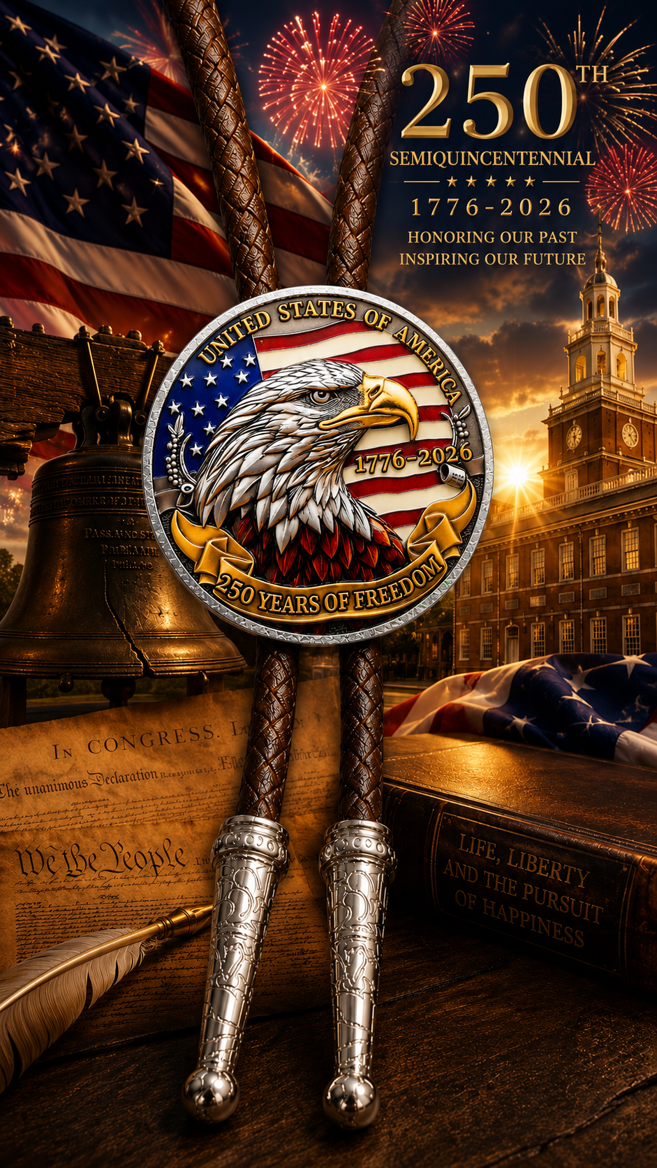 The Liberty Bell and American Eagle Bolo Tie (Side A)