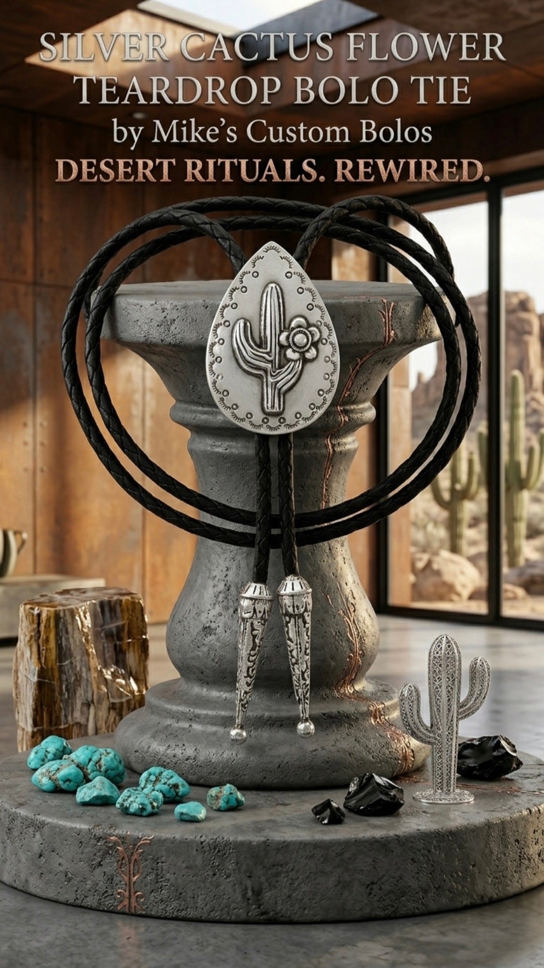 SILVER CACTUS FLOWER TEARDROP BOLO TIE - MIKE'S CUSTOM BOLOS