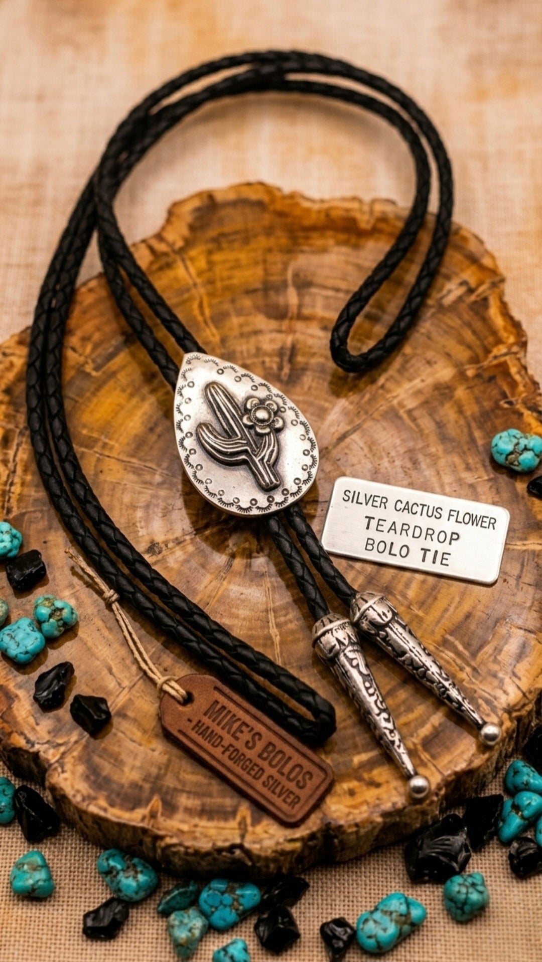 SILVER CACTUS FLOWER TEARDROP BOLO TIE - MIKE'S CUSTOM BOLOS
