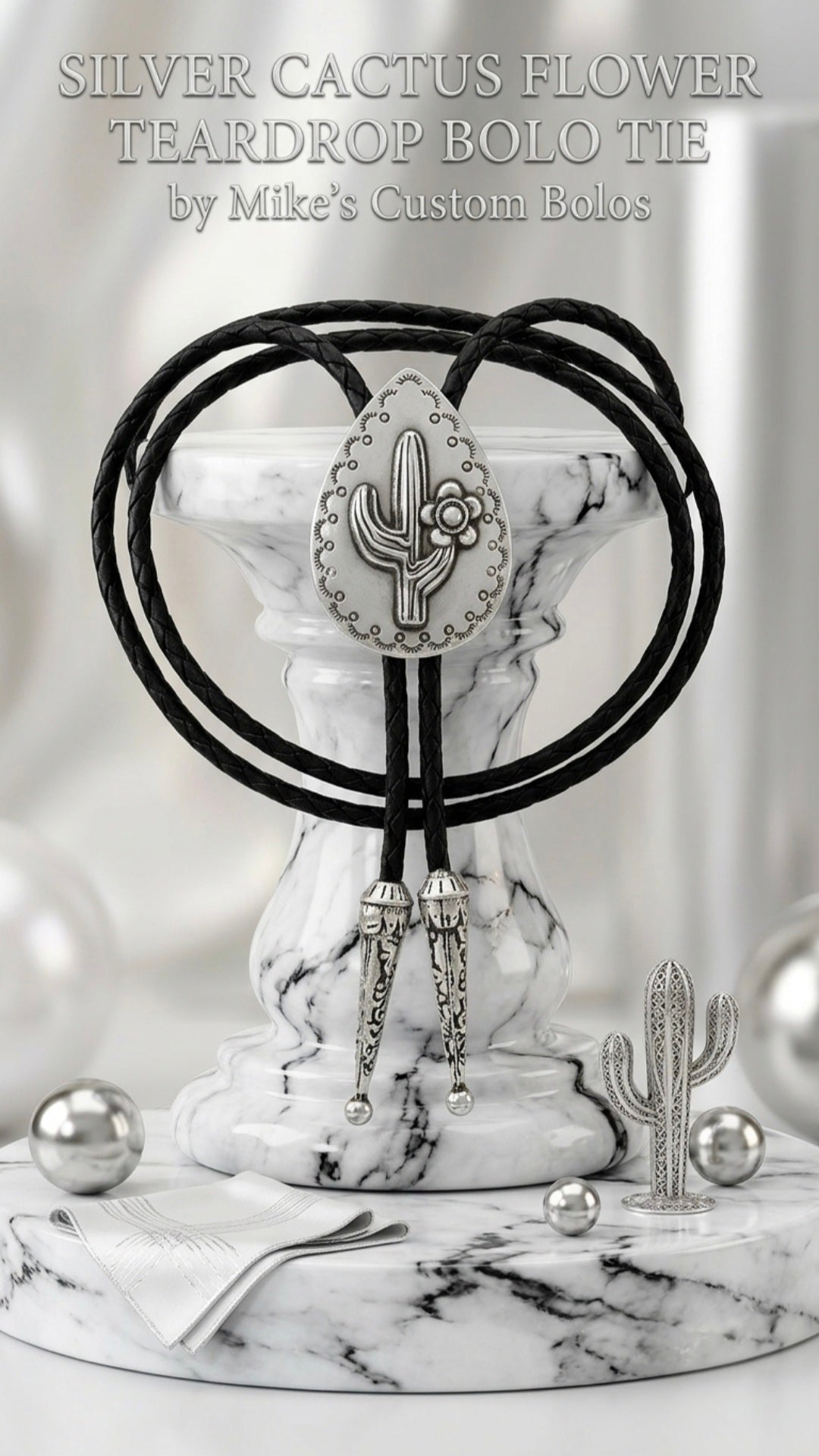 SILVER CACTUS FLOWER TEARDROP BOLO TIE - MIKE'S CUSTOM BOLOS