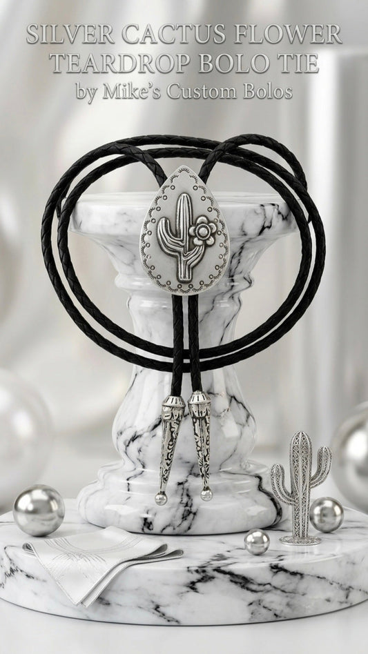 SILVER CACTUS FLOWER TEARDROP BOLO TIE - MIKE'S CUSTOM BOLOS