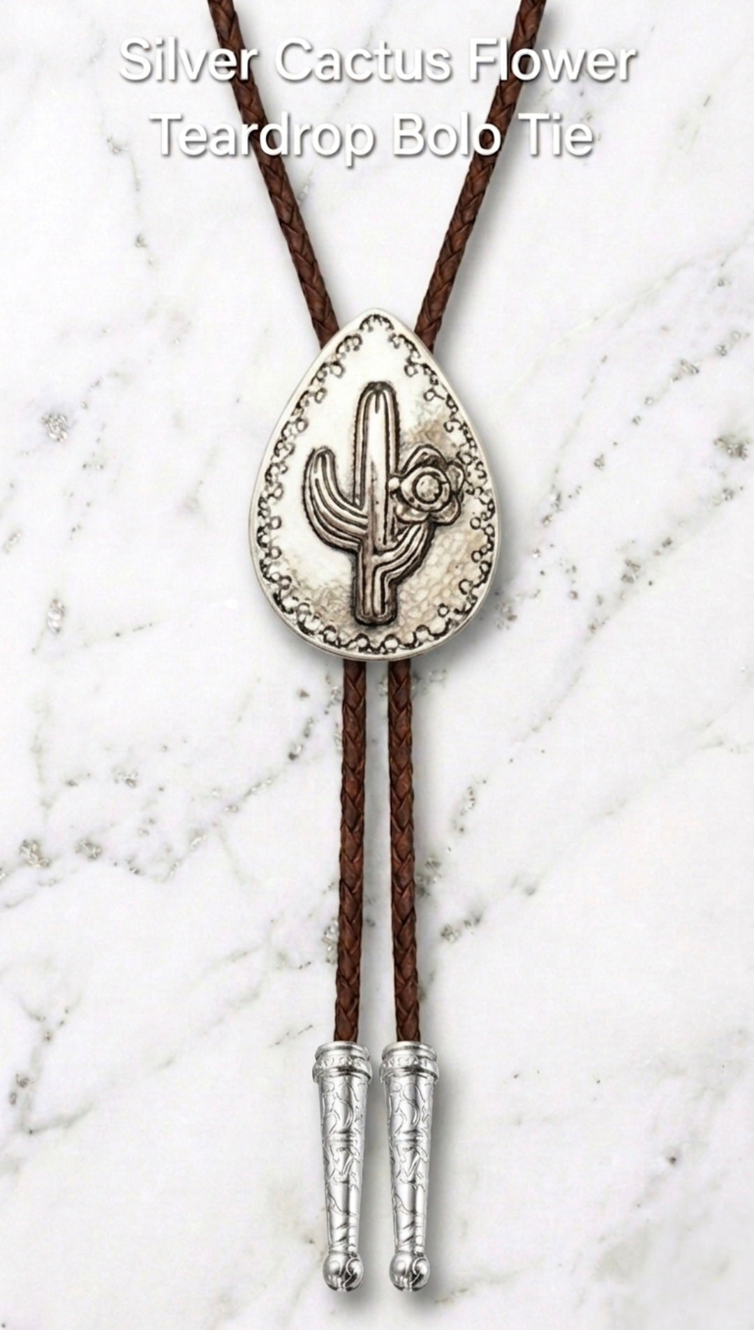 Silver Cactus Flower Teardrop Bolo Tie - MIKE'S CUSTOM BOLOS