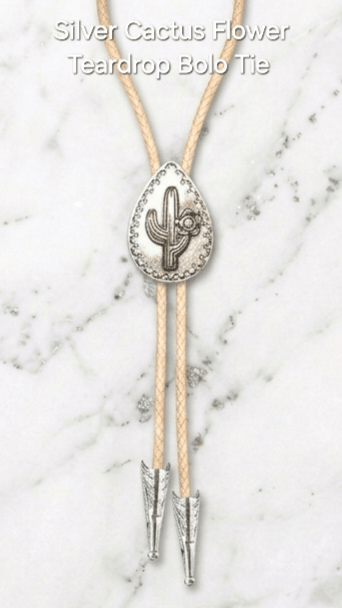 Silver Cactus Flower Teardrop Bolo Tie - MIKE'S CUSTOM BOLOS
