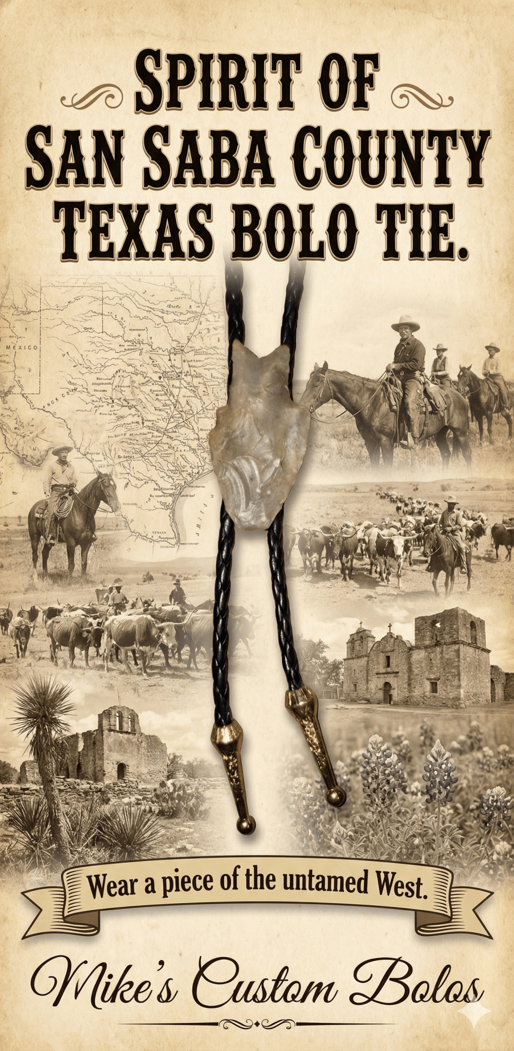 SPIRIT OF SAN SABA COUNTY TEXAS BOLO TIE - MIKE'S CUSTOM BOLOS
