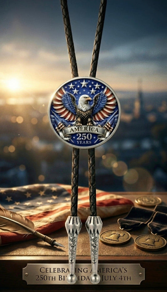 Stars And Stripes Bolo Tie Side A two-sided collector’s edition featuring a patriotic bald eagle, black braided leather, silver-tone tips, American flag, quill pen, Liberty Bell coins, and sunrise display