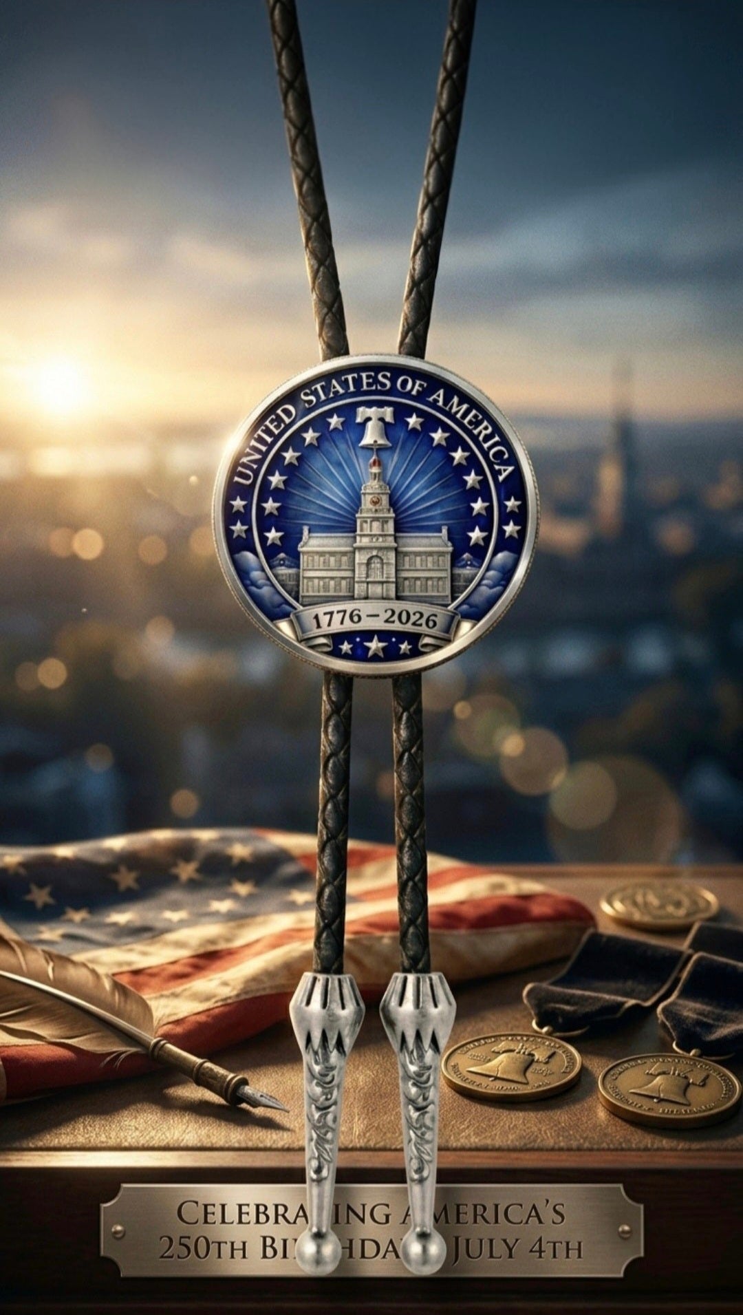 Stars And Stripes Bolo Tie Side B two-sided collector’s edition featuring Independence Hall, Liberty Bell, black braided leather, silver-tone tips, American flag, quill pen, commemorative coins, and sunrise display