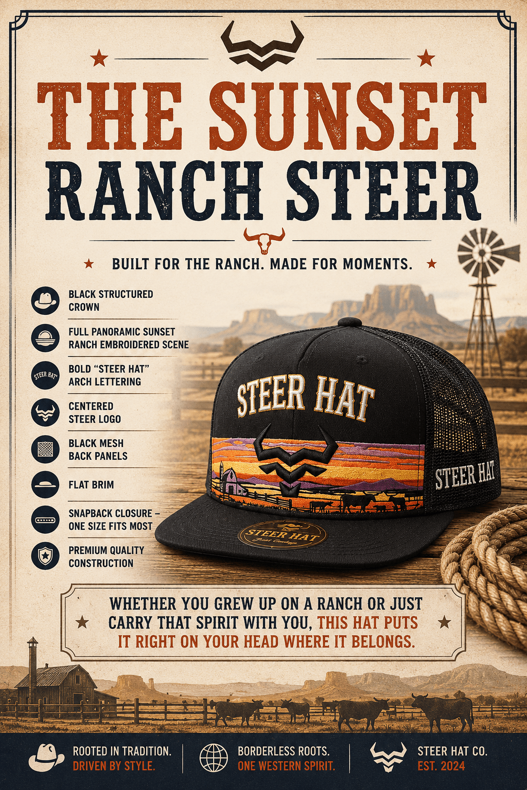 Sunset Ranch Steer By Steer Hat Co | Premium Western Hat - MIKE'S CUSTOM BOLOS