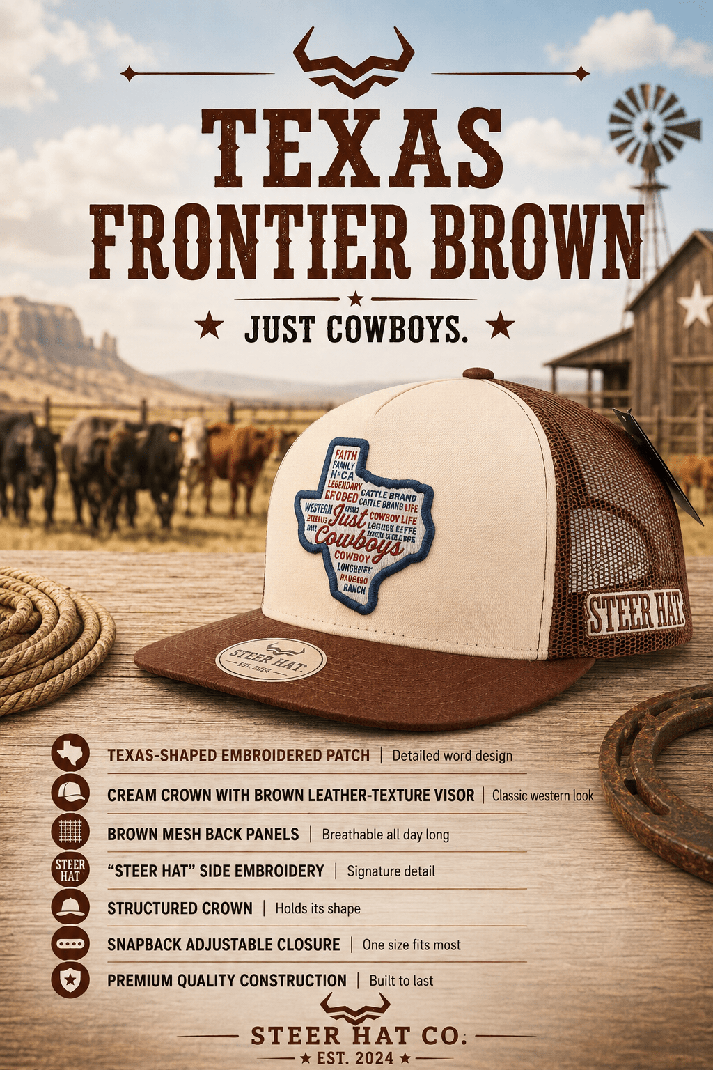 Texas Frontier Brown By Steer Hat Co | Premium Western Hat - MIKE'S CUSTOM BOLOS