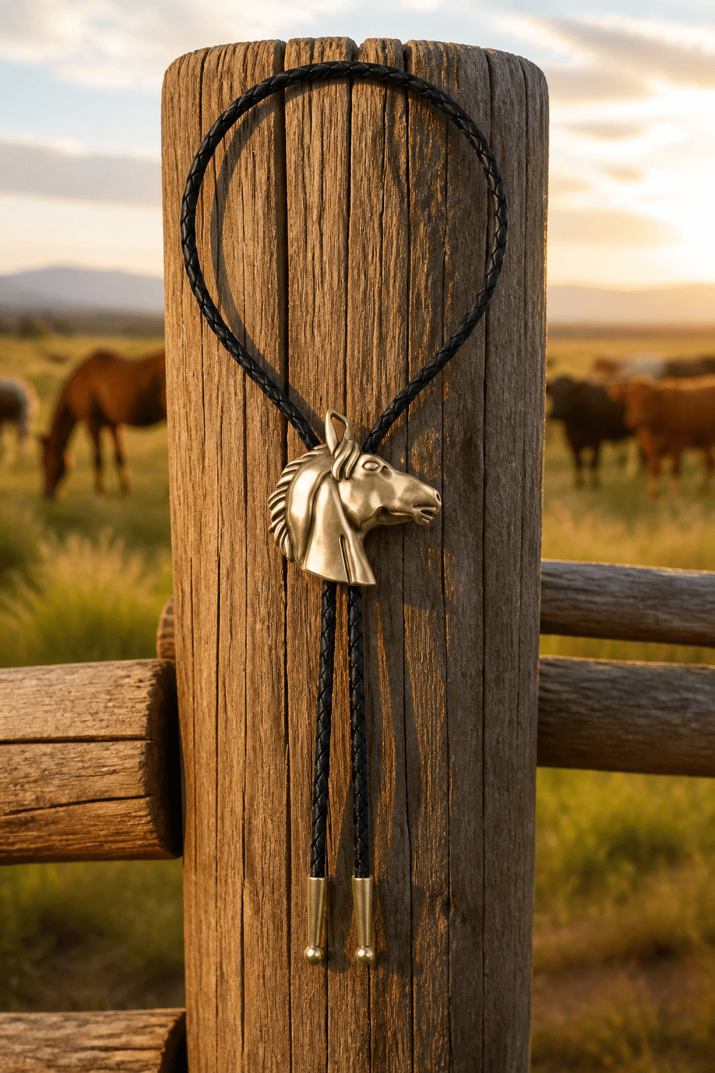 The Brass Mustang Bolo Tie ~ Antique Brass Horse Western Bolo Tie - MIKE'S CUSTOM BOLOS