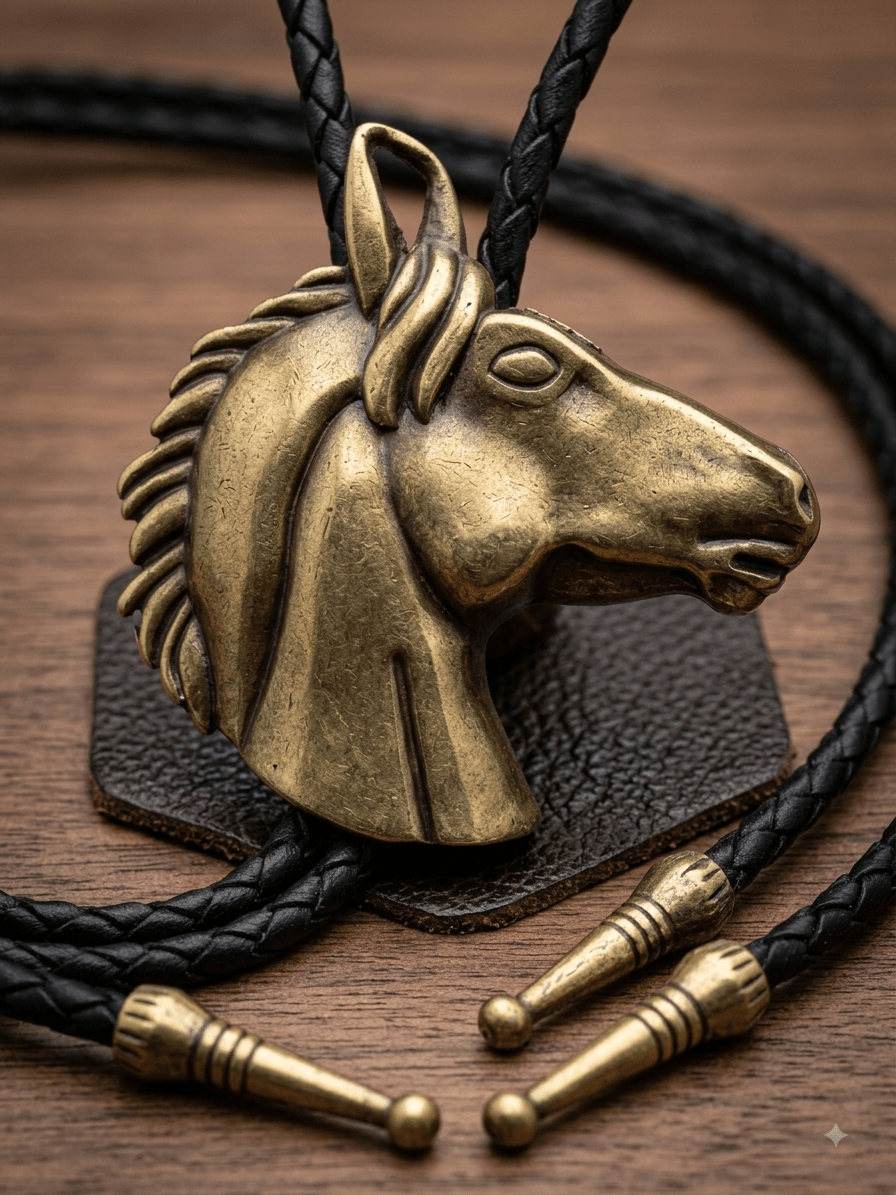 The Brass Mustang Bolo Tie ~ Antique Brass Horse Western Bolo Tie - MIKE'S CUSTOM BOLOS