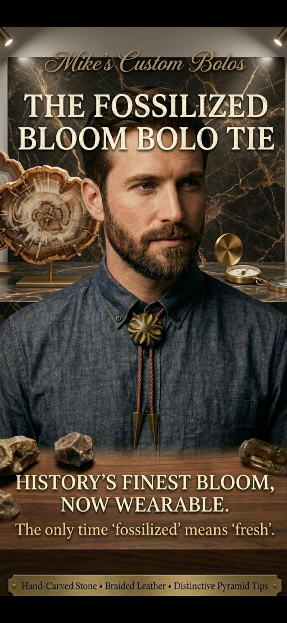 THE FOSSILIZED BLOOM BOLO TIE - MIKE'S CUSTOM BOLOS