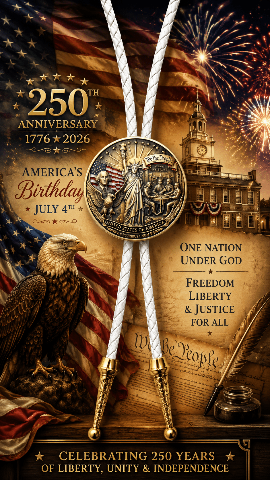 Image 1:
The Founding Fathers Bolo Tie Side B two-sided collector's edition featuring the Statue of Liberty, George Washington, bald eagle, We the People artwork, white braided leather, gold-tone tips, fireworks, American flag, and Independence Hall imagery
