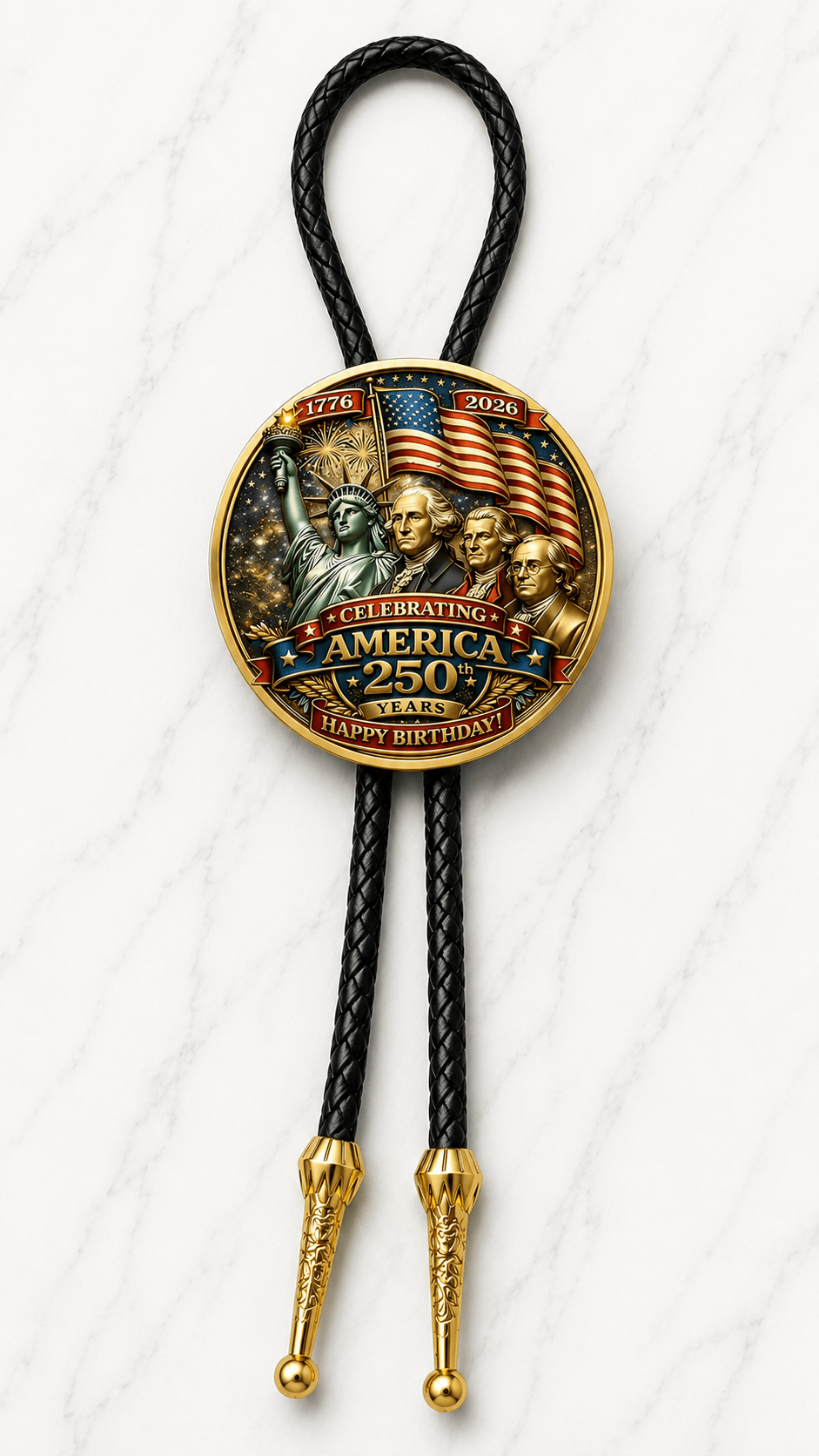 Reverse side of The Founding Fathers Bolo Tie featuring the Statue of Liberty, American founders, Celebrating America 250 Years lettering, black braided leather, and ornate gold-tone tips on white marble