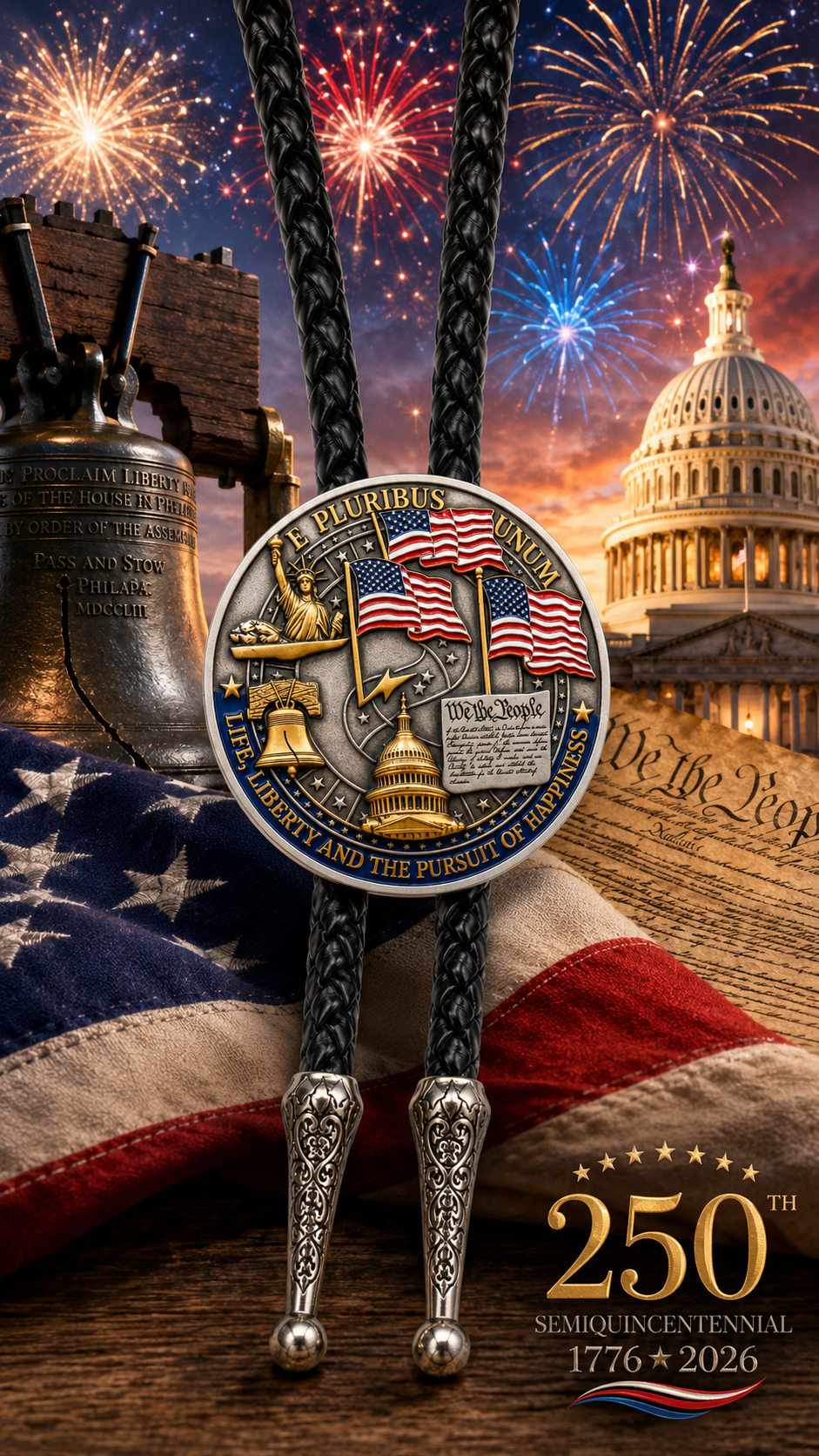 The Liberty Bell And American Eagle Bolo Tie Side B two-sided collector's edition featuring E Pluribus Unum, American flags, the Statue of Liberty, Liberty Bell, U.S. Capitol, black braided leather, antique silver-tone tips, fireworks, and Constitution imagery