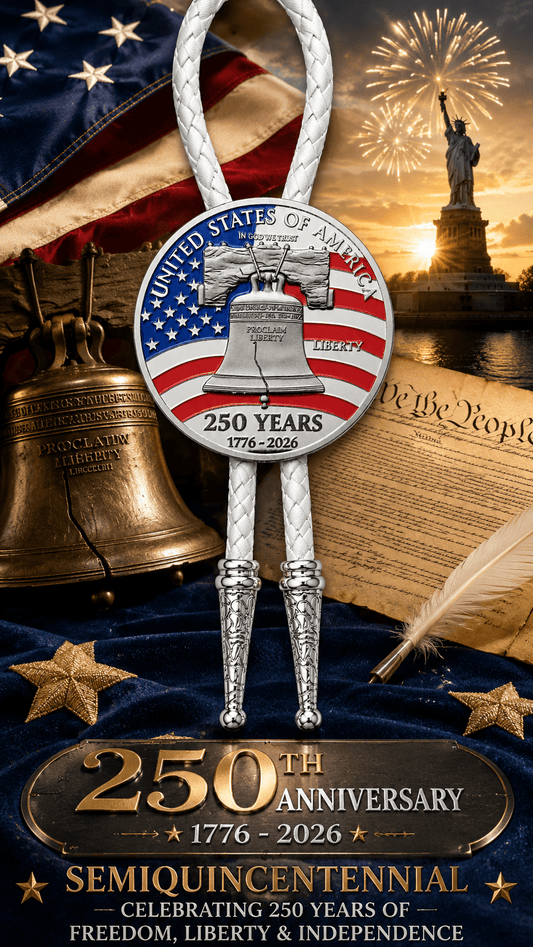The Liberty Bell Bolo Tie Side A featuring a Liberty Bell 250 Years commemorative coin, white braided leather, ornate silver tips, and a patriotic Semiquincentennial background with fireworks, the Statue of Liberty, and historic American imagery