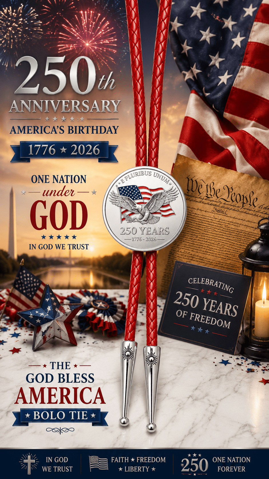 The Liberty Bell Bolo Tie Side B two-sided collector's edition featuring a soaring eagle, American flag, red braided leather, silver-tone tips, fireworks, Washington Monument, Constitution imagery, and America 250 patriotic display