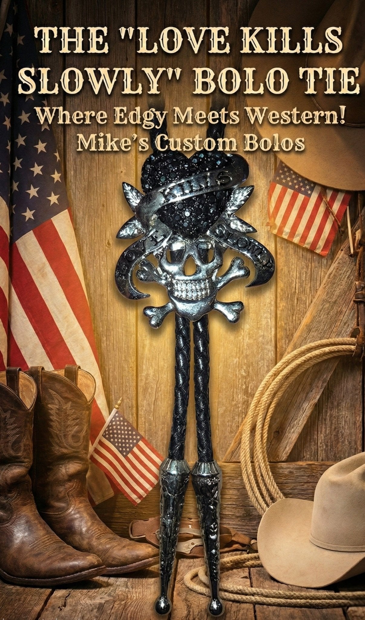 THE "LOVE KILLS SLOWLY" BOLO TIE - MIKE'S CUSTOM BOLOS