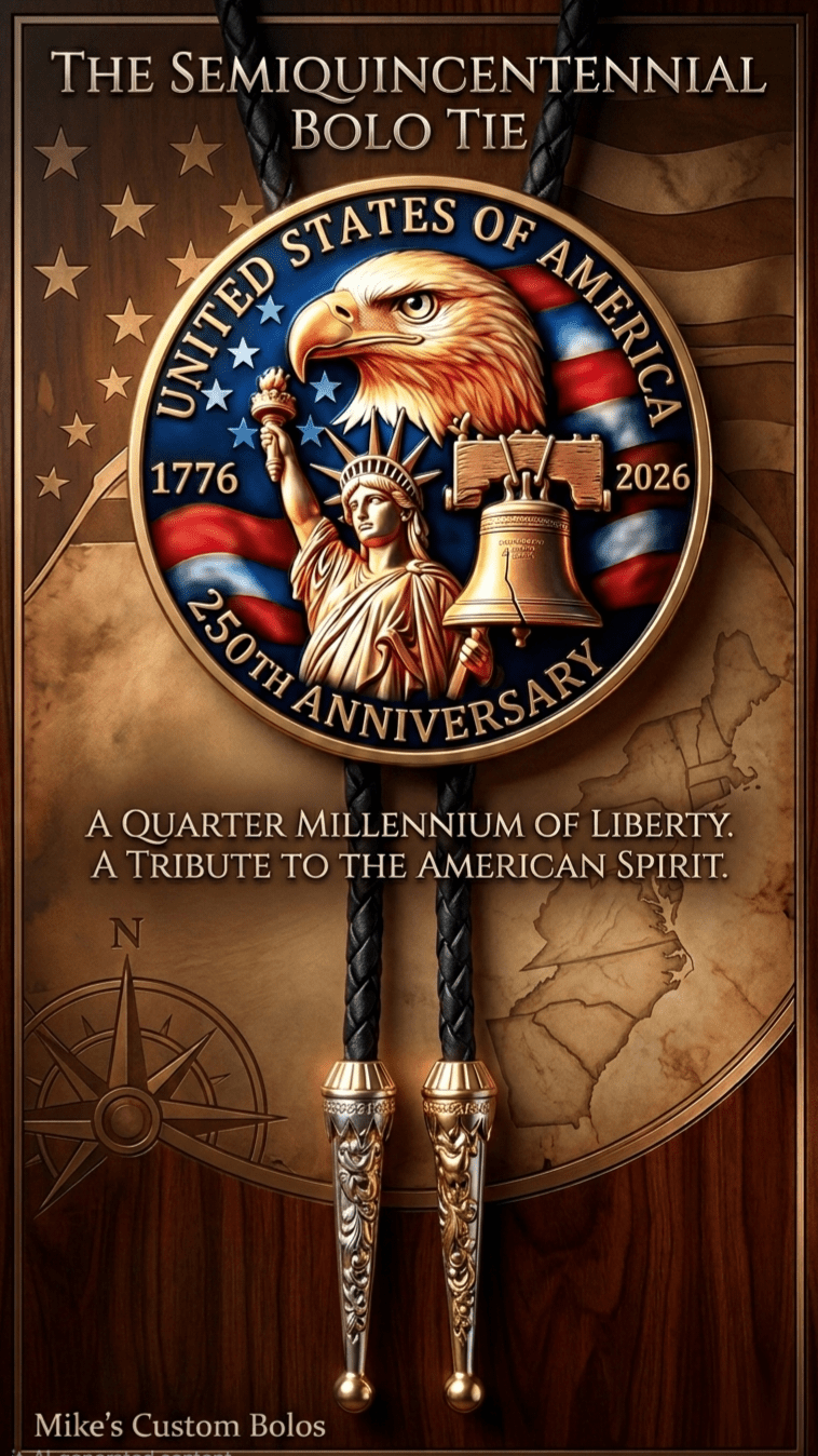 SEMIQUINCENTINNIAL BOLO TIE (SIDE A) ~ Limited Edition U.S. Semiquincentennial Commemorative Bolo Tie - MIKE'S CUSTOM BOLOS