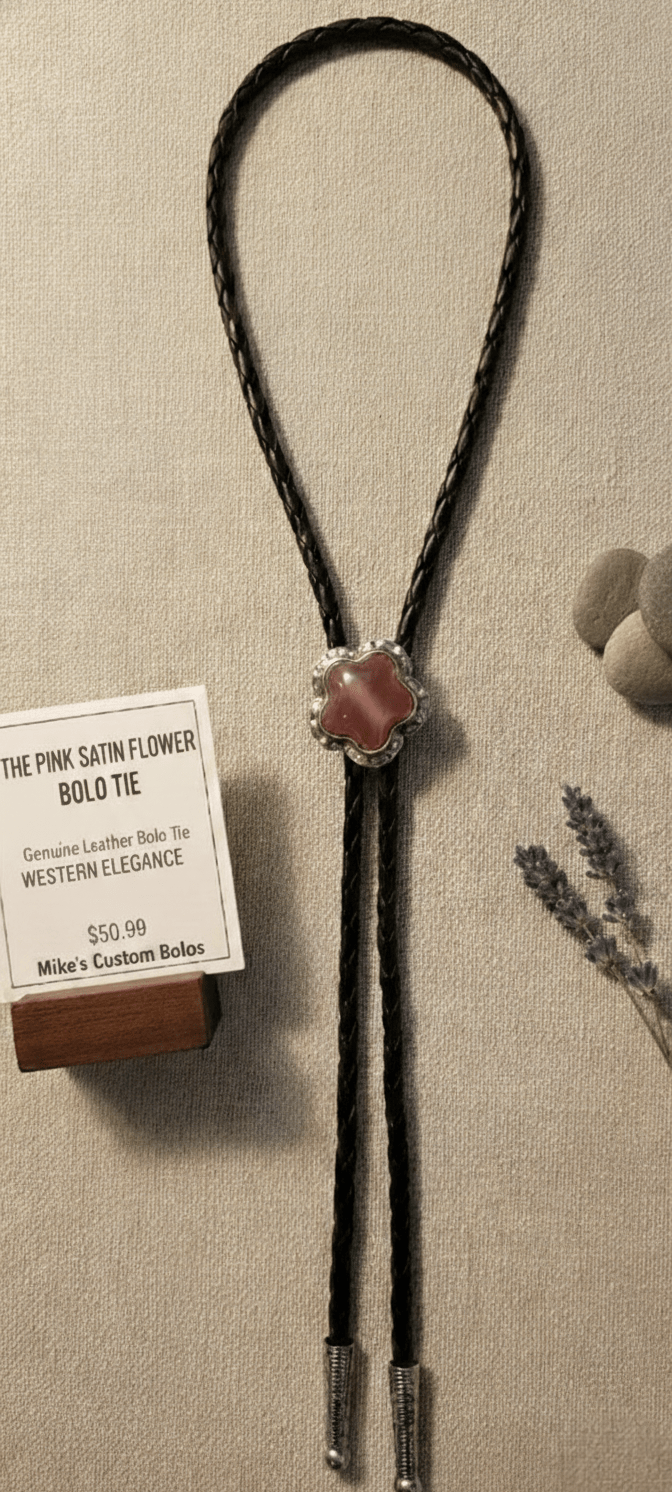 THE PINK SATIN FLOWER BOLO TIE - MIKE'S CUSTOM BOLOS