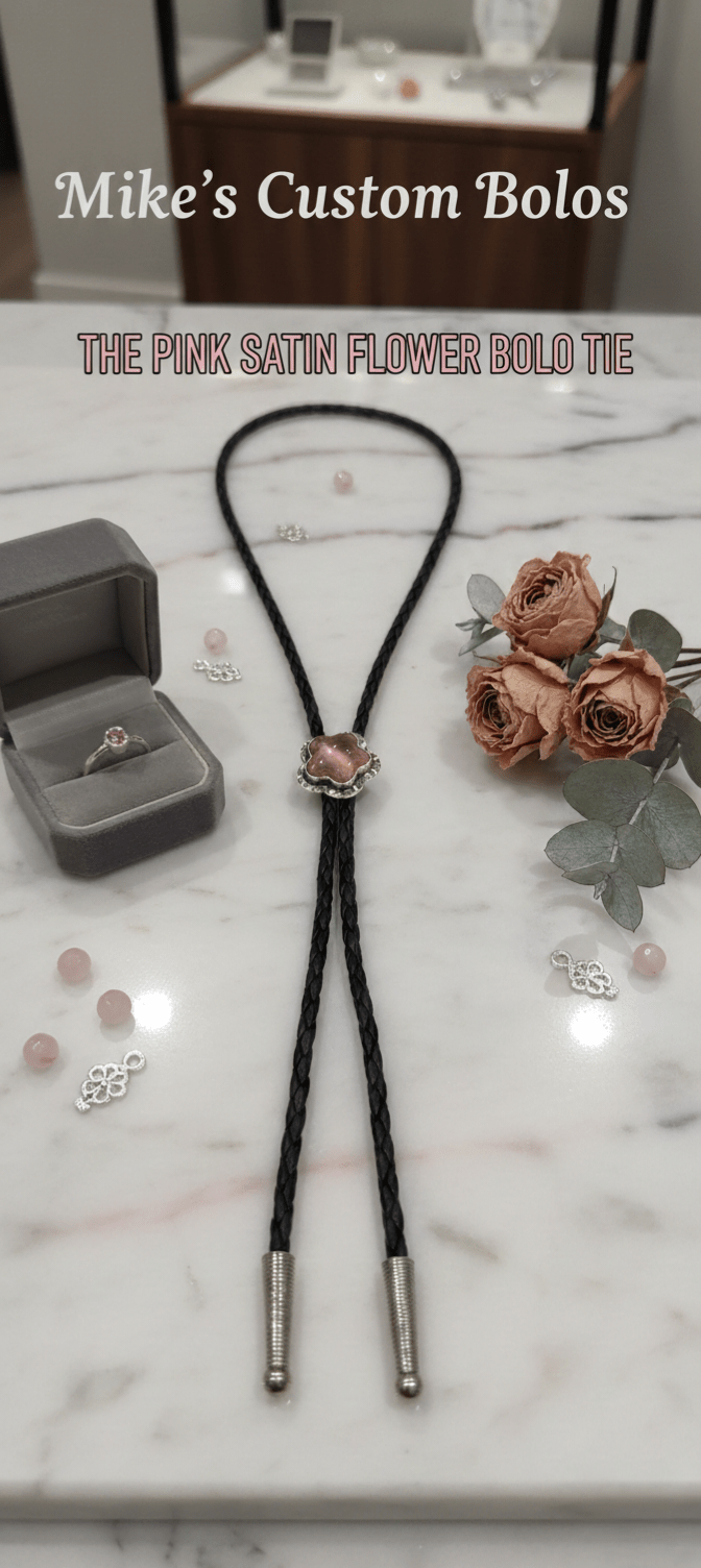 THE PINK SATIN FLOWER BOLO TIE - MIKE'S CUSTOM BOLOS