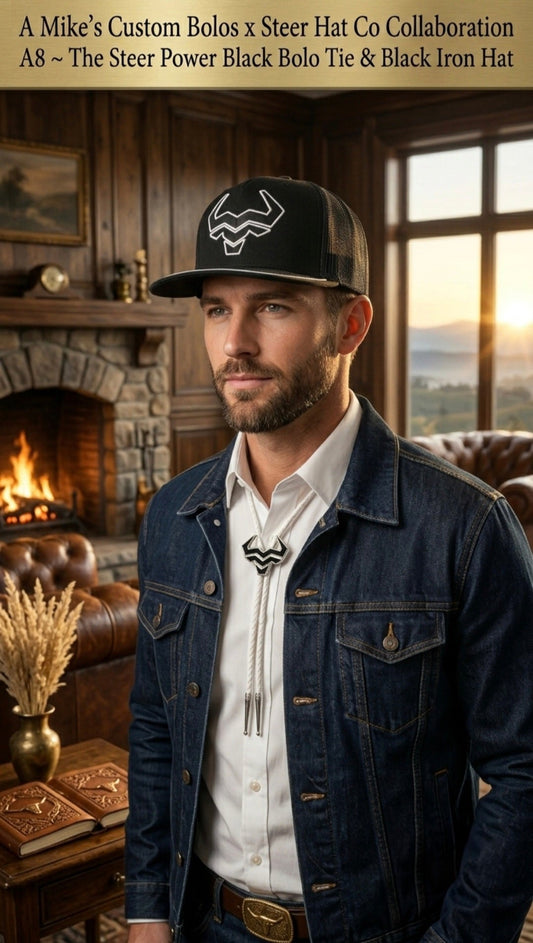 The Steer Power Black Bolo Tie & Black Iron Hat Bundle | A Mike's Custom Bolos X Steer Hat Co Collaboration - MIKE'S CUSTOM BOLOS
