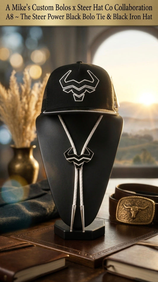The Steer Power Black Bolo Tie & Black Iron Hat Bundle | A Mike's Custom Bolos X Steer Hat Co Collaboration - MIKE'S CUSTOM BOLOS