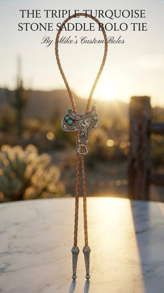 The Triple Turquoise Stone Saddle Bolo Tie - MIKE'S CUSTOM BOLOS