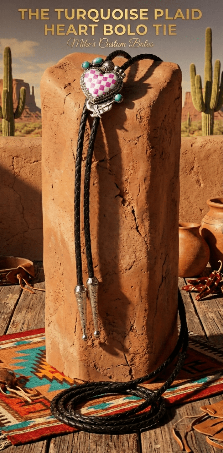 THE TURQUOISE PLAID HEART BOLO TIE - MIKE'S CUSTOM BOLOS