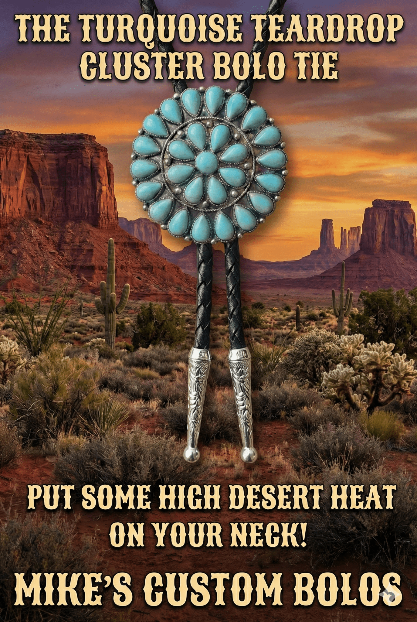 THE TURQUOISE TEARDROP CLUSTER BOLO TIE - MIKE'S CUSTOM BOLOS