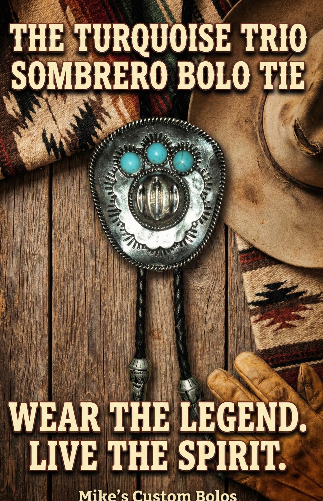 THE TURQUOISE TRIO SOMBRERO BOLO TIE - MIKE'S CUSTOM BOLOS