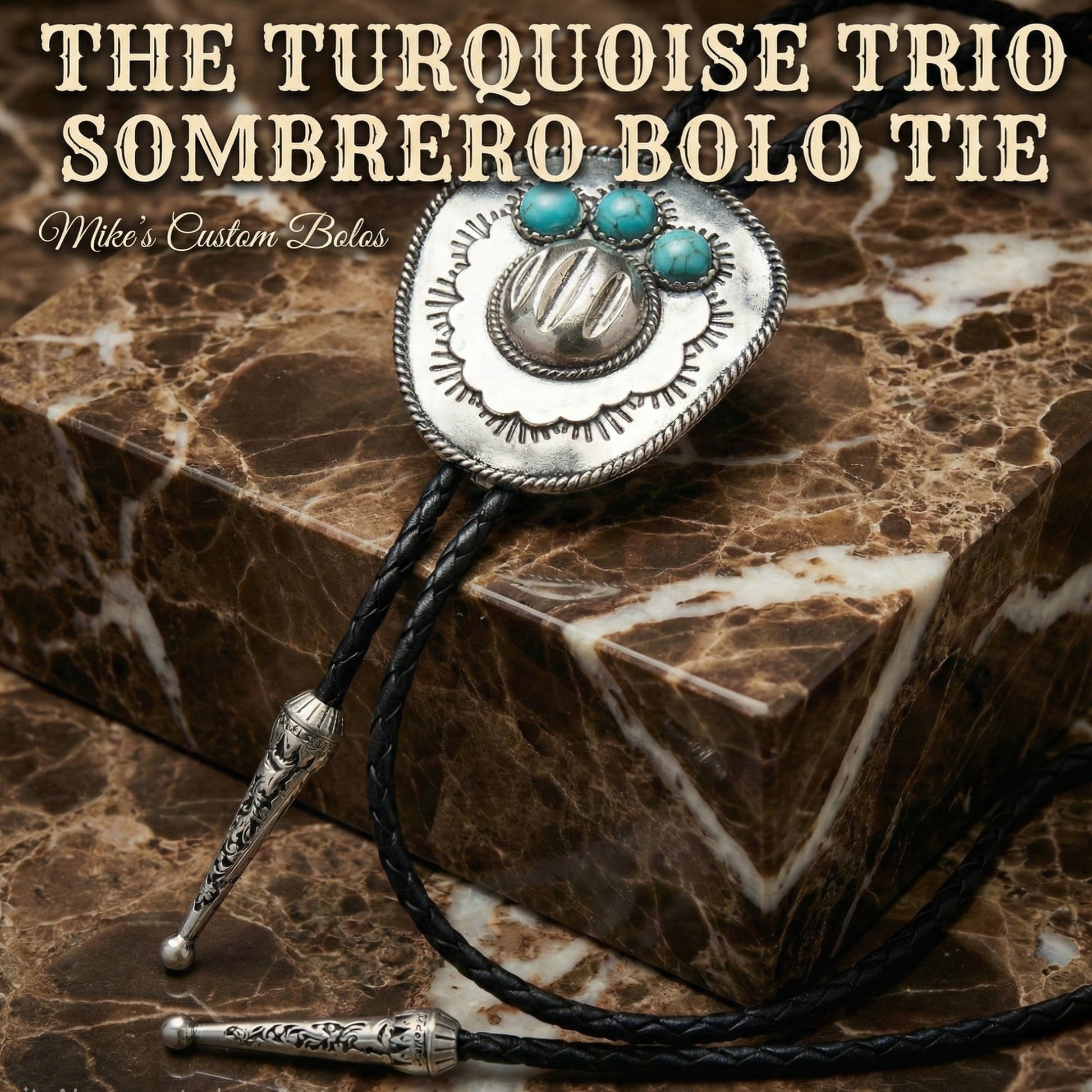 THE TURQUOISE TRIO SOMBRERO BOLO TIE - MIKE'S CUSTOM BOLOS