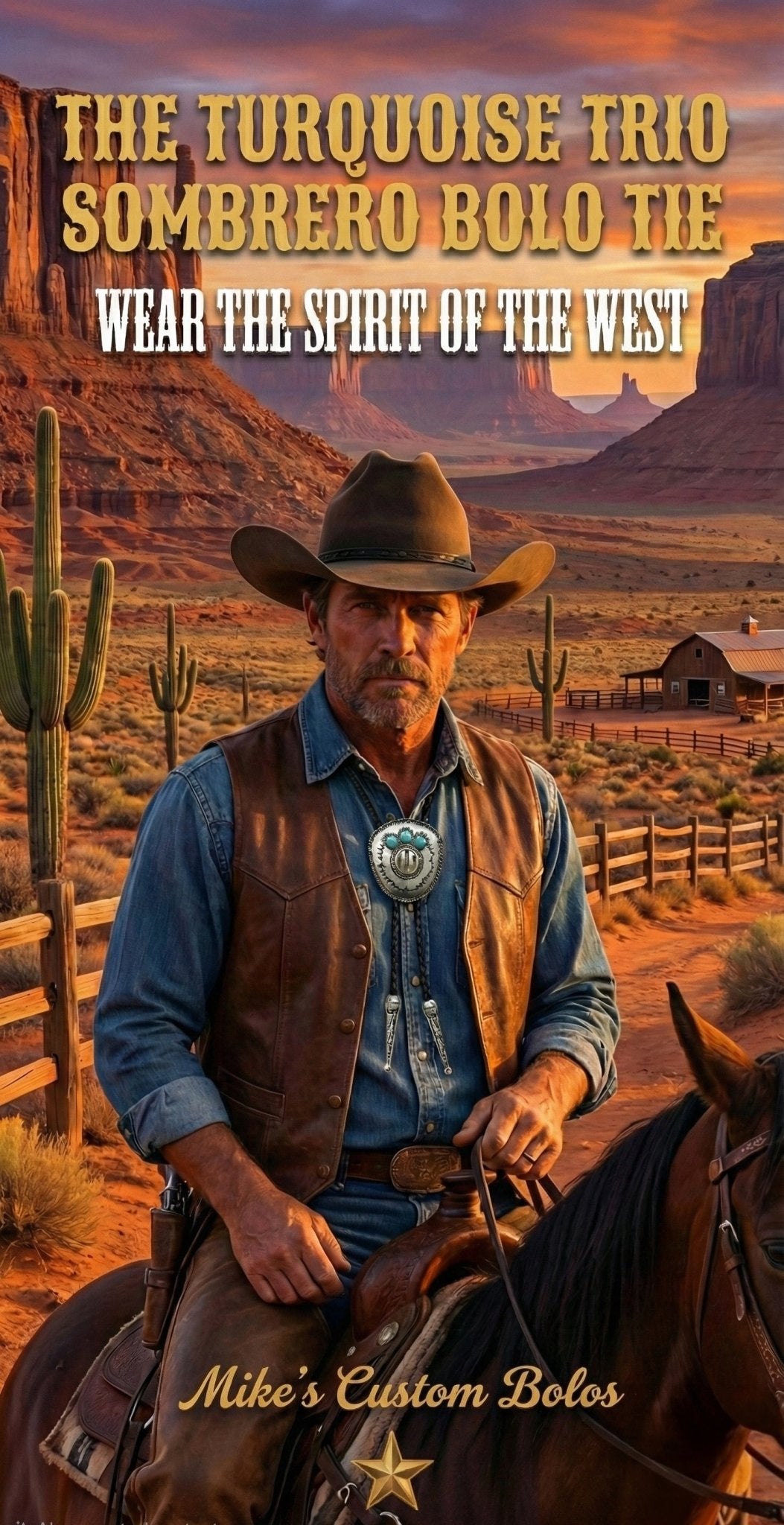 THE TURQUOISE TRIO SOMBRERO BOLO TIE - MIKE'S CUSTOM BOLOS
