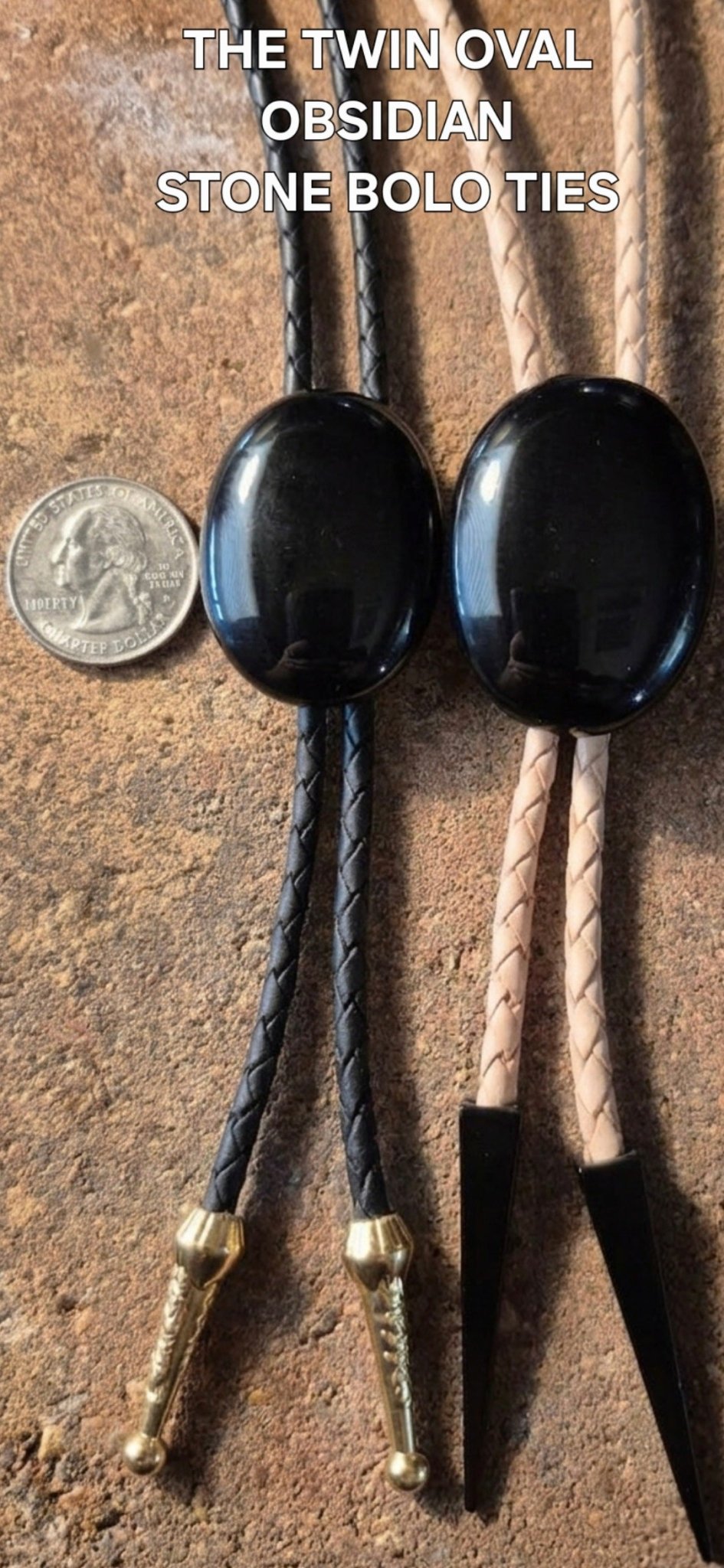 THE TWIN OVAL OBSIDIAN STONE BOLO TIES - MIKE'S CUSTOM BOLOS