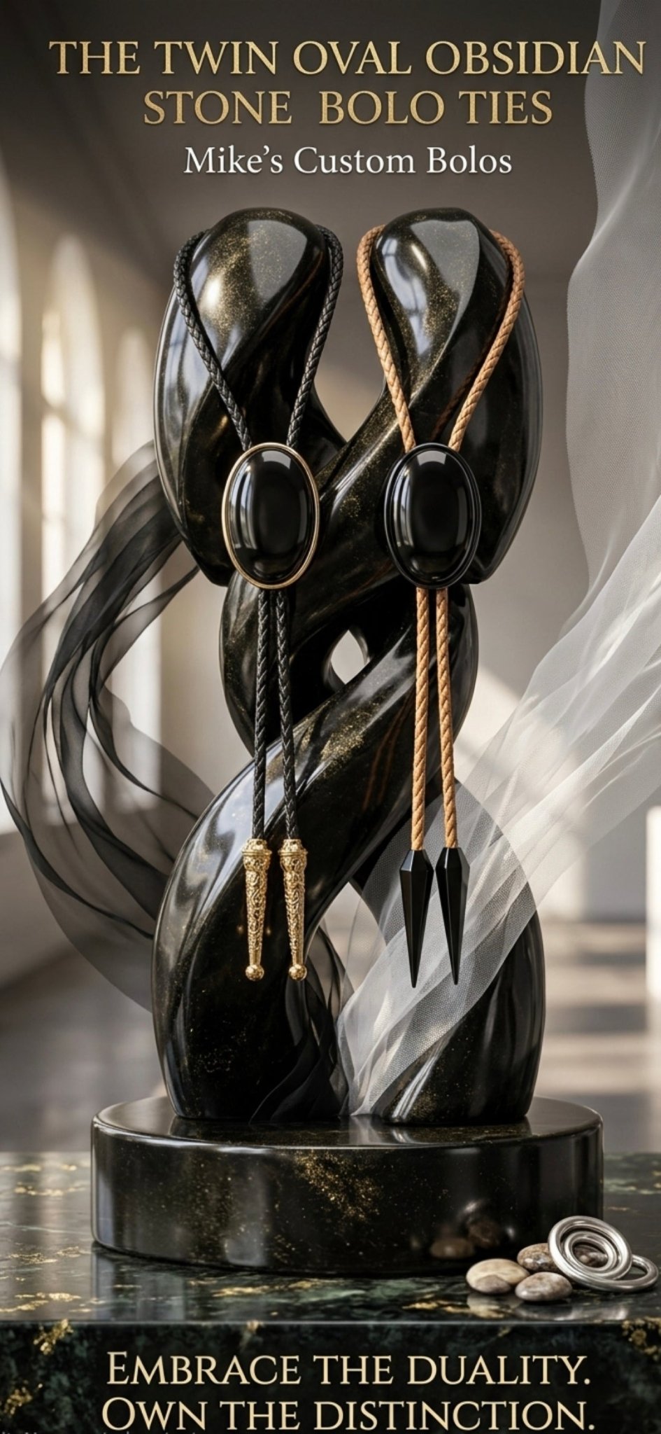 THE TWIN OVAL OBSIDIAN STONE BOLO TIES - MIKE'S CUSTOM BOLOS