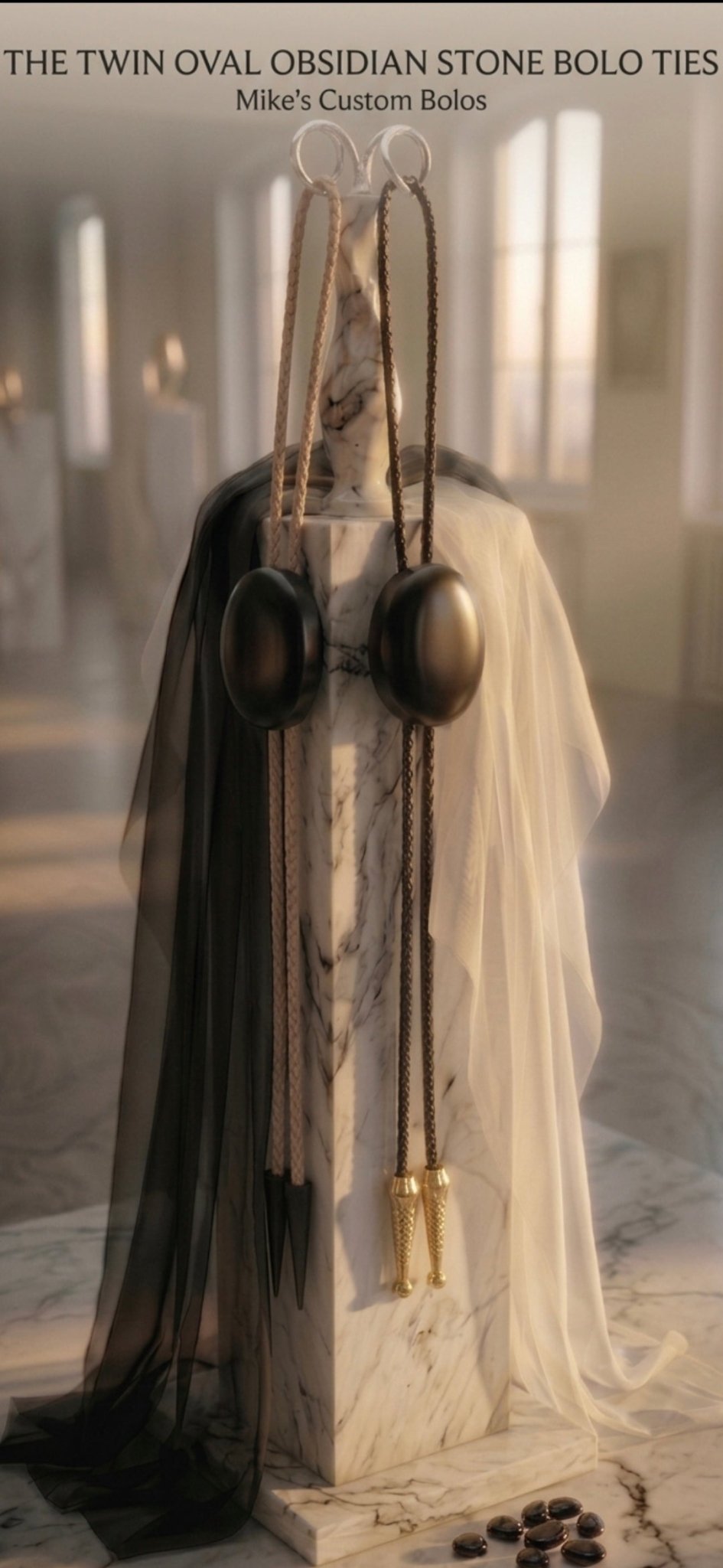 THE TWIN OVAL OBSIDIAN STONE BOLO TIES - MIKE'S CUSTOM BOLOS