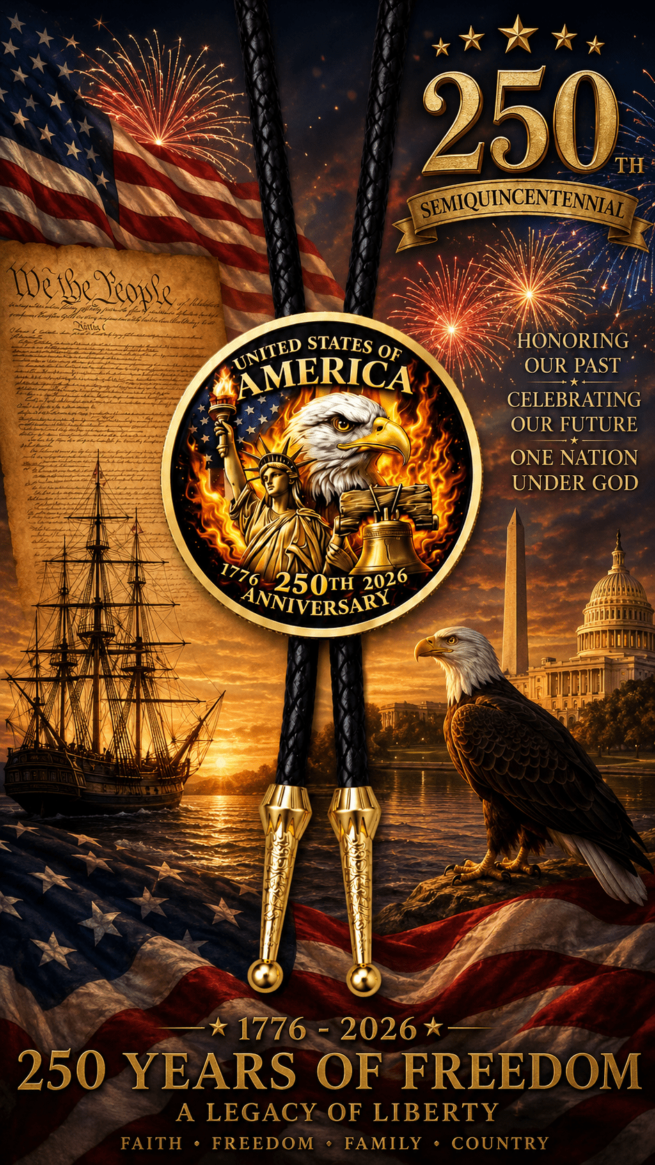 The U.S. Constitution Bolo Tie Side A two-sided collector's edition featuring a bald eagle, Statue of Liberty, Liberty Bell, black braided leather, ornate gold-tone tips, American flags, fireworks, Constitution imagery, and America 250 display