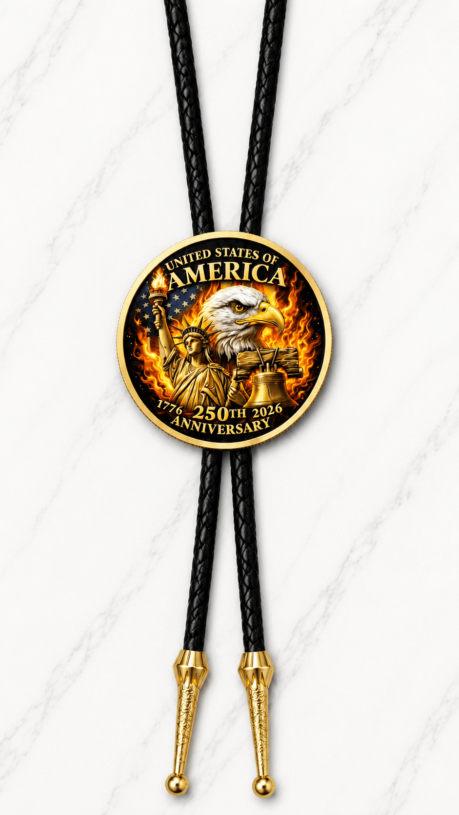 The U.S. Constitution Bolo Tie Side A featuring a bald eagle, Statue of Liberty, Liberty Bell, 1776–2026 dates, black braided leather, and ornate gold-tone tips on white marble