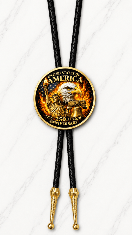 The U.S. Constitution Bolo Tie Side A featuring a bald eagle, Statue of Liberty, Liberty Bell, 1776–2026 dates, black braided leather, and ornate gold-tone tips on white marble