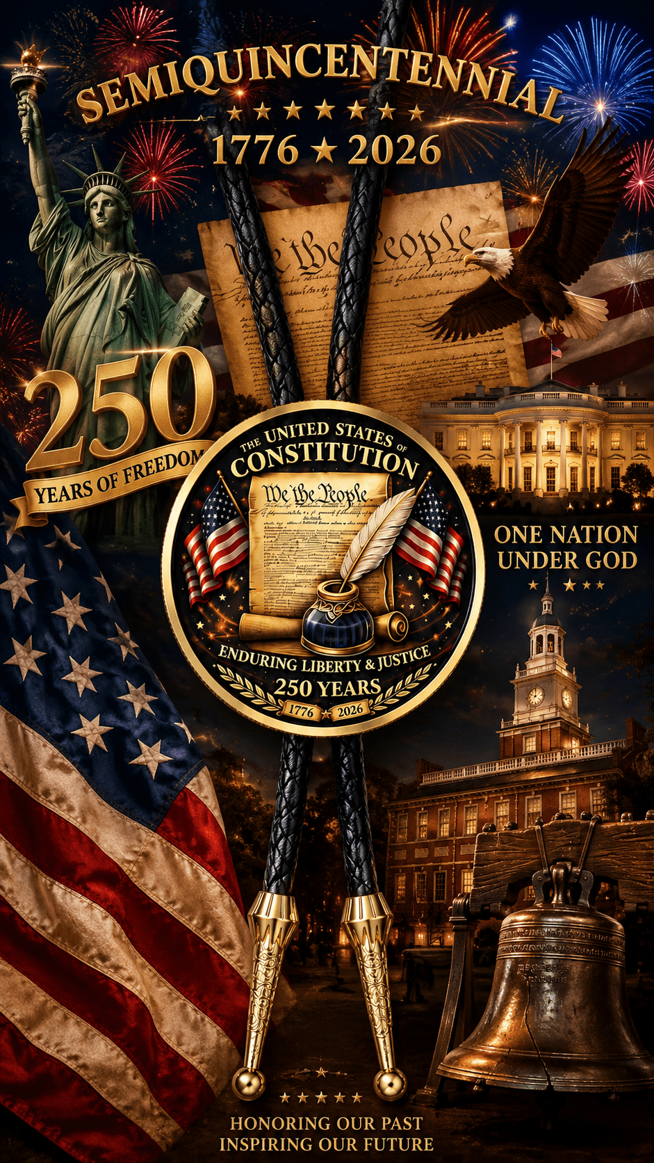 The U.S. Constitution Bolo Tie Side B two-sided collector's edition featuring We the People Constitution artwork, American flags, quill and inkpot, black braided leather, ornate gold-tone tips, fireworks, Statue of Liberty, bald eagle, White House, Independence Hall, and Liberty Bell imagery