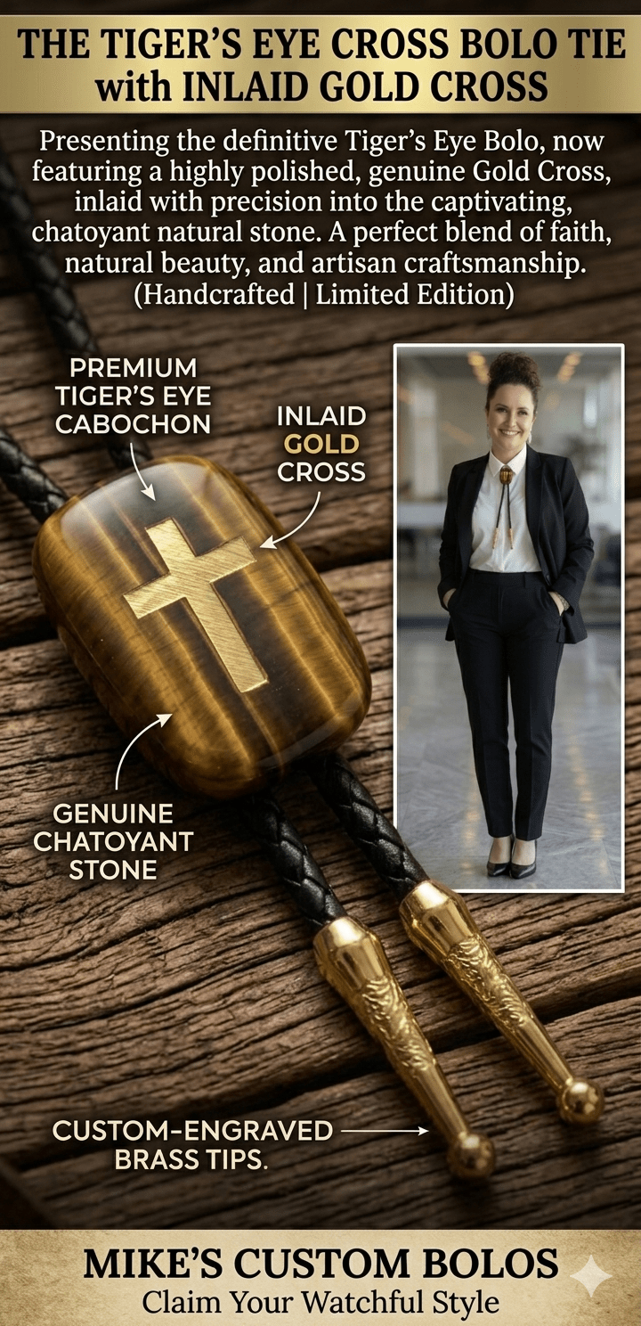 TIGER'S EYE CROSS BOLO TIE - MIKE'S CUSTOM BOLOS