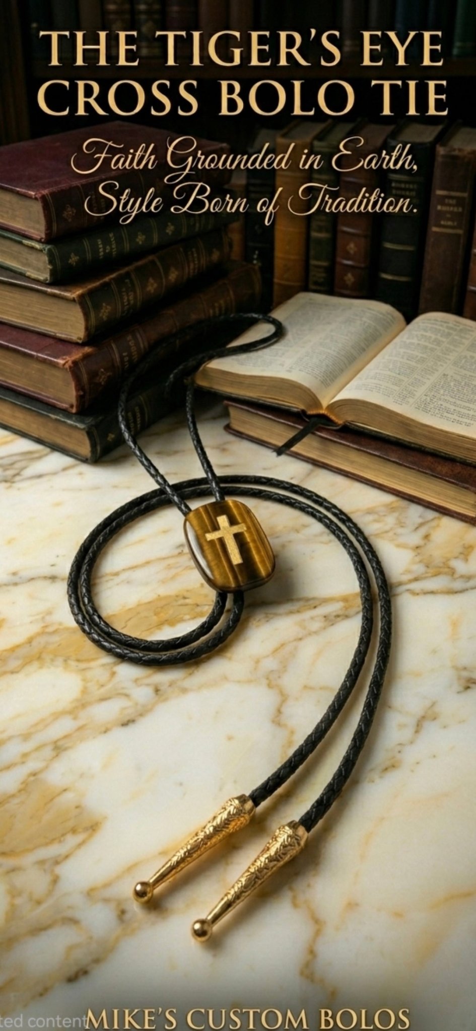 TIGER'S EYE CROSS BOLO TIE - MIKE'S CUSTOM BOLOS