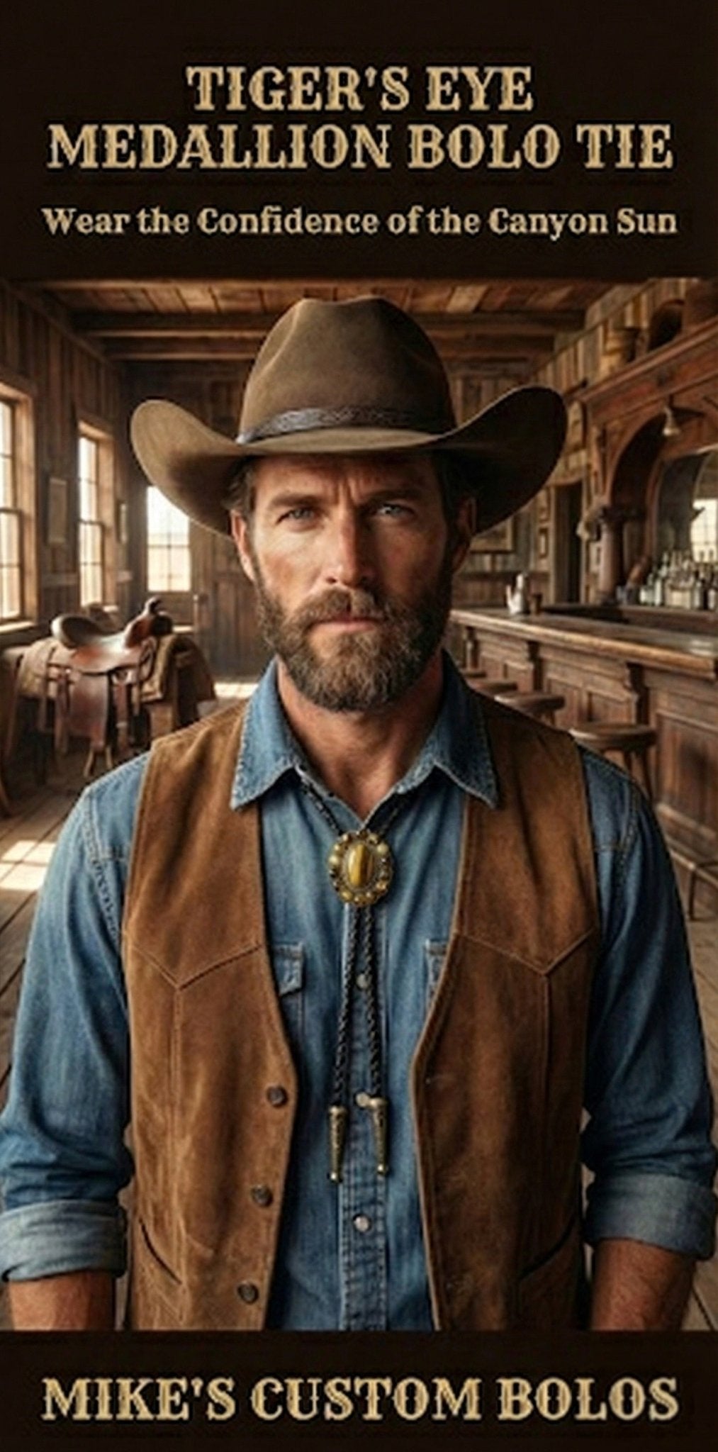 TIGER'S EYE MEDALLION BOLO TIE - MIKE'S CUSTOM BOLOS