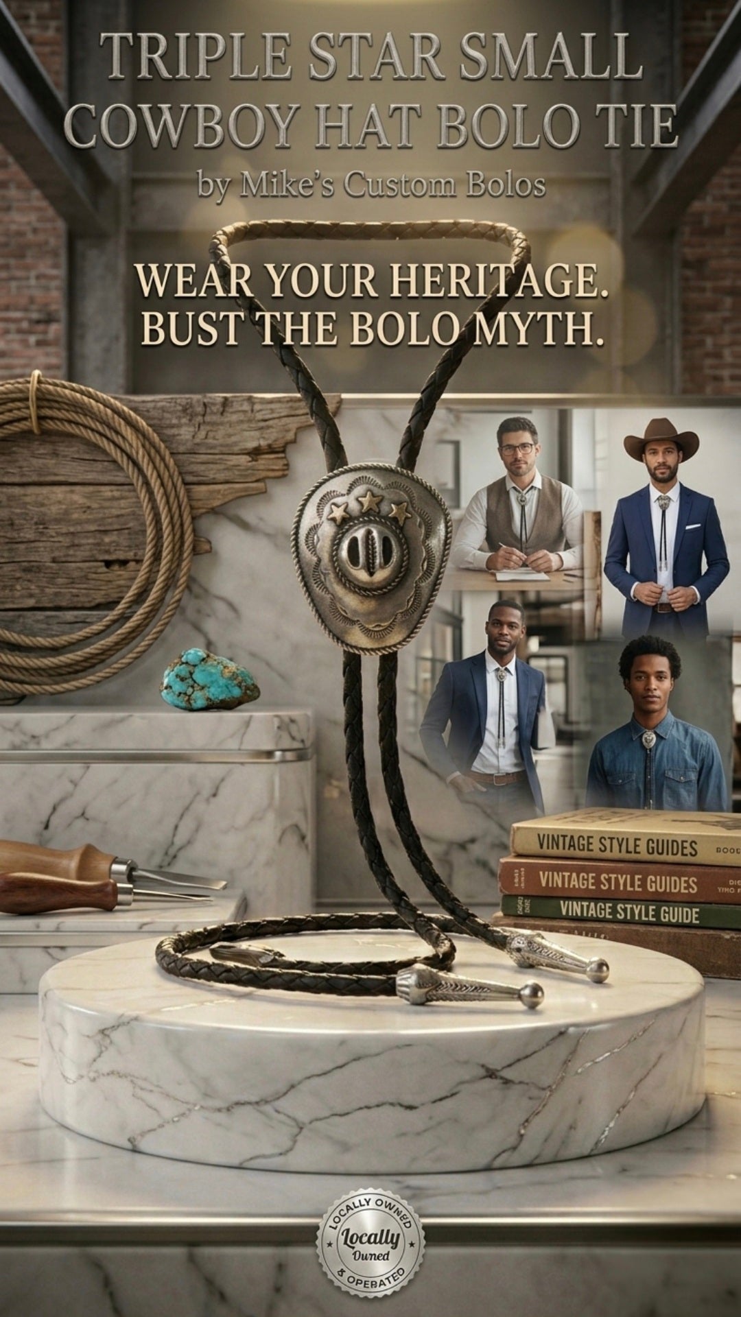 TRIPLE STAR SMALL COWBOY HAT BOLO TIE - MIKE'S CUSTOM BOLOS