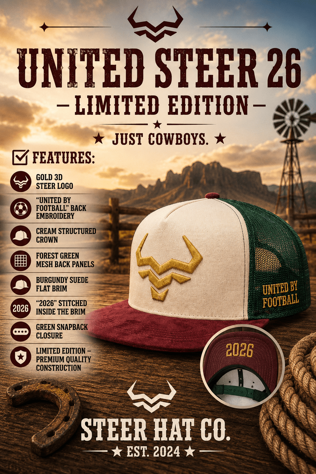 United Steer 26™ Limited Edition Hat By Steer Hat Co | Premium Western Hat - MIKE'S CUSTOM BOLOS