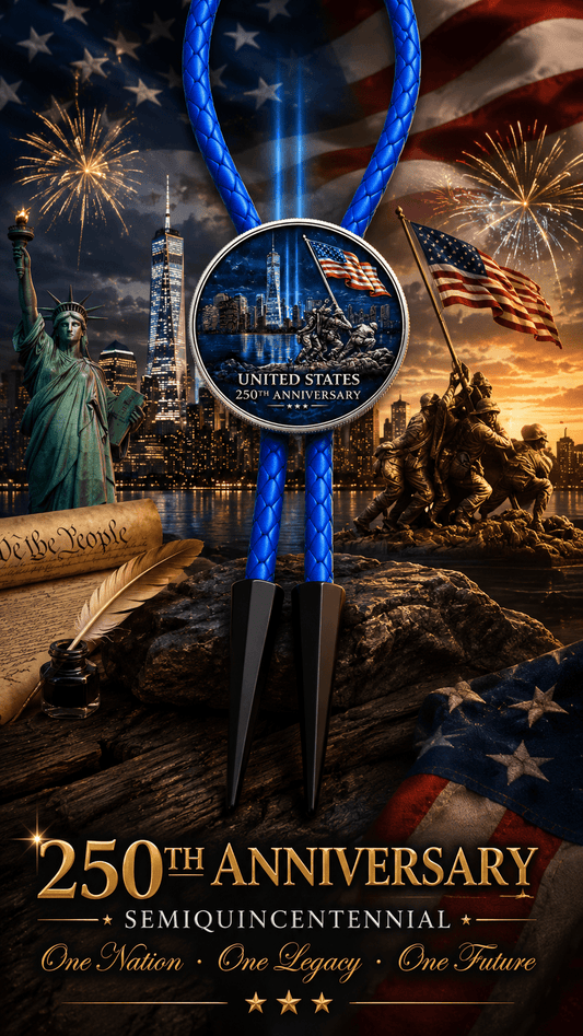 United We Stand Bolo Tie Side B featuring the New York City skyline, twin blue memorial beams, service members raising the American flag, royal blue braided leather, black-tone tips, Statue of Liberty, fireworks, and America 250 anniversary imagery