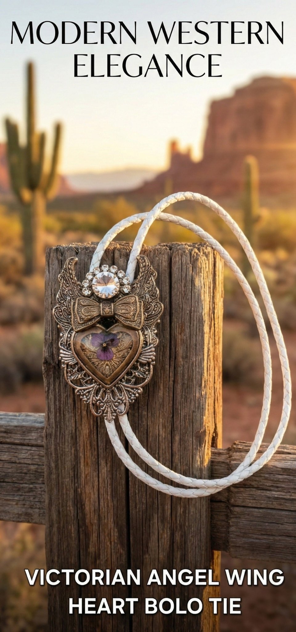 VICTORIAN ANGEL WING HEART BOLO TIE ~ PURPLE FLORAL ACCENT - MIKE'S CUSTOM BOLOS