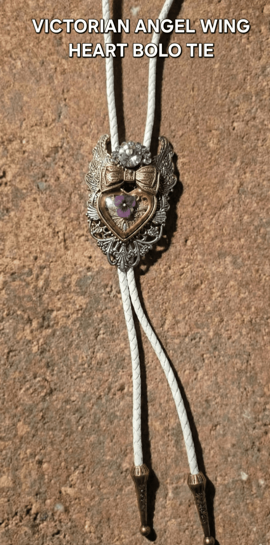 VICTORIAN ANGEL WING HEART BOLO TIE ~ PURPLE FLORAL ACCENT - MIKE'S CUSTOM BOLOS