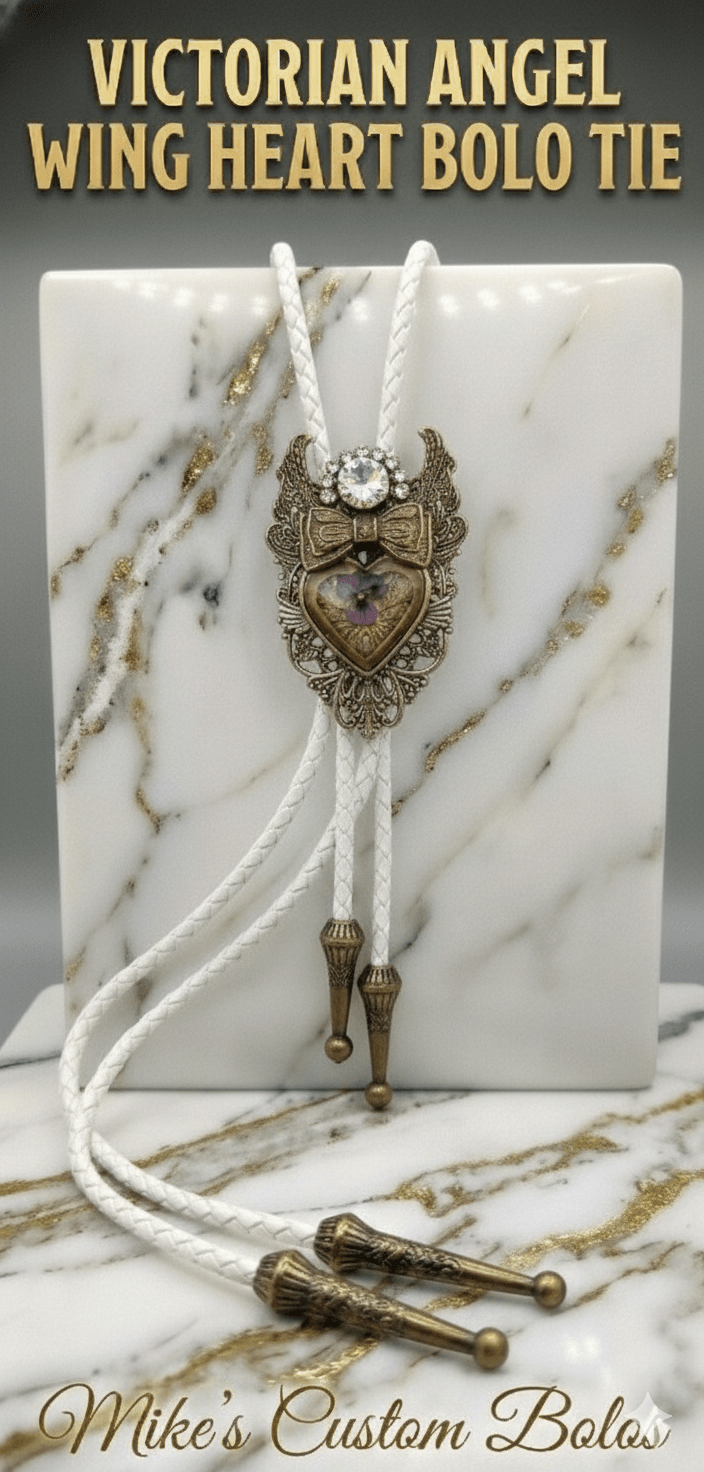 VICTORIAN ANGEL WING HEART BOLO TIE ~ PURPLE FLORAL ACCENT - MIKE'S CUSTOM BOLOS