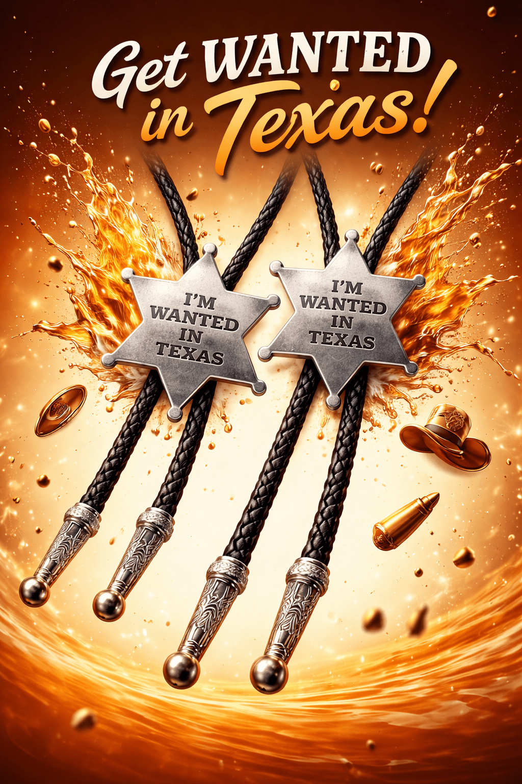 Vintage Texas Star Badge Bolo Tie ~ Get Wanted In Texas - MIKE'S CUSTOM BOLOS